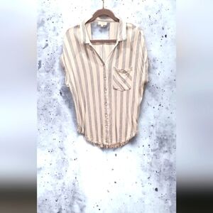 Umgee Striped Button Down Short Sleeve Shirt with frayed hemline